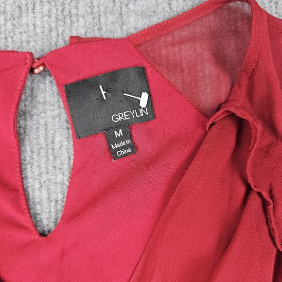 Greylin Dress Womens Medium Red Silk Wrap Ruffle Holiday Romantic Feminine Sheer - Picture 5 of 7